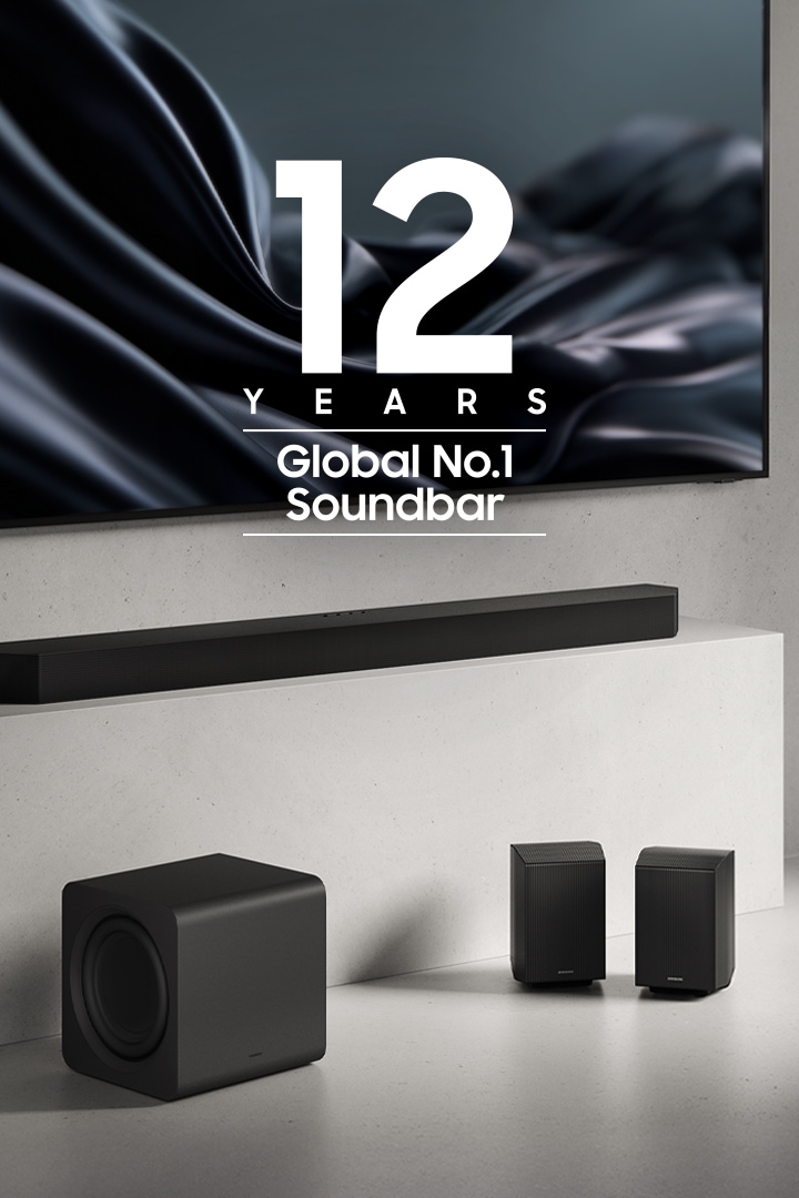 Q 시리즈 오디오가 좌측에 위치해있고 오른쪽에 '12 Years global No.1 Soundbar' 라는 글씨가 적혀있다.