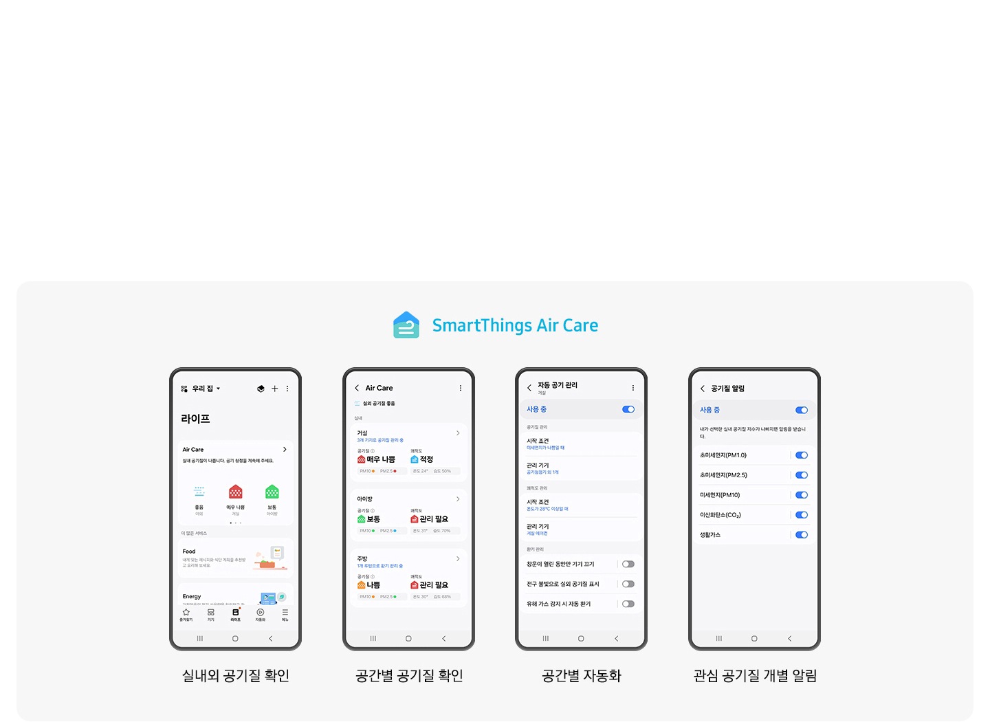 스마트한 공기질 관리, 스마트싱스 에어케어로 공기질을 손쉽게 관리하세요. 실내 공간별 공기질은 물론 실외 공기질까지 한번에 확인하여 자동으로 집안 공기를 쾌적하게 유지할 수 있습니다.  텍스트의 하단 이미지에서는 6대의 휴대폰이 보여지며 휴대폰 어플로 인해 시스템에어컨 제어가 되는 모습이 보여집니다.좌측 부터 실내외 공기질 확인, 공간별 공기질 확인, 공기질 히스토리/예보, 공기질 기반 자동화, 자동 실행규칙 제공, 관심 공기질 개별알림의 화면이 보여지고 있습니다. *스마트싱스 관련 자세한 내용은 페이지 하단을 참고하세요.