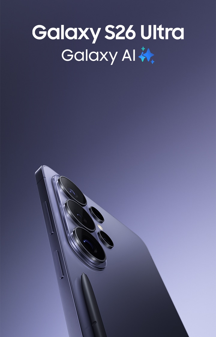 갤럭시 S26 울트라의 상단 부분이 보이고, Galaxy S26 Ultra 제품명과 Galaxy AI 사별 로고가 왼쪽에 보인다. 이미지를 클릭하면 갤럭시 S26 울트라 구매 페이지로 이동한다. 