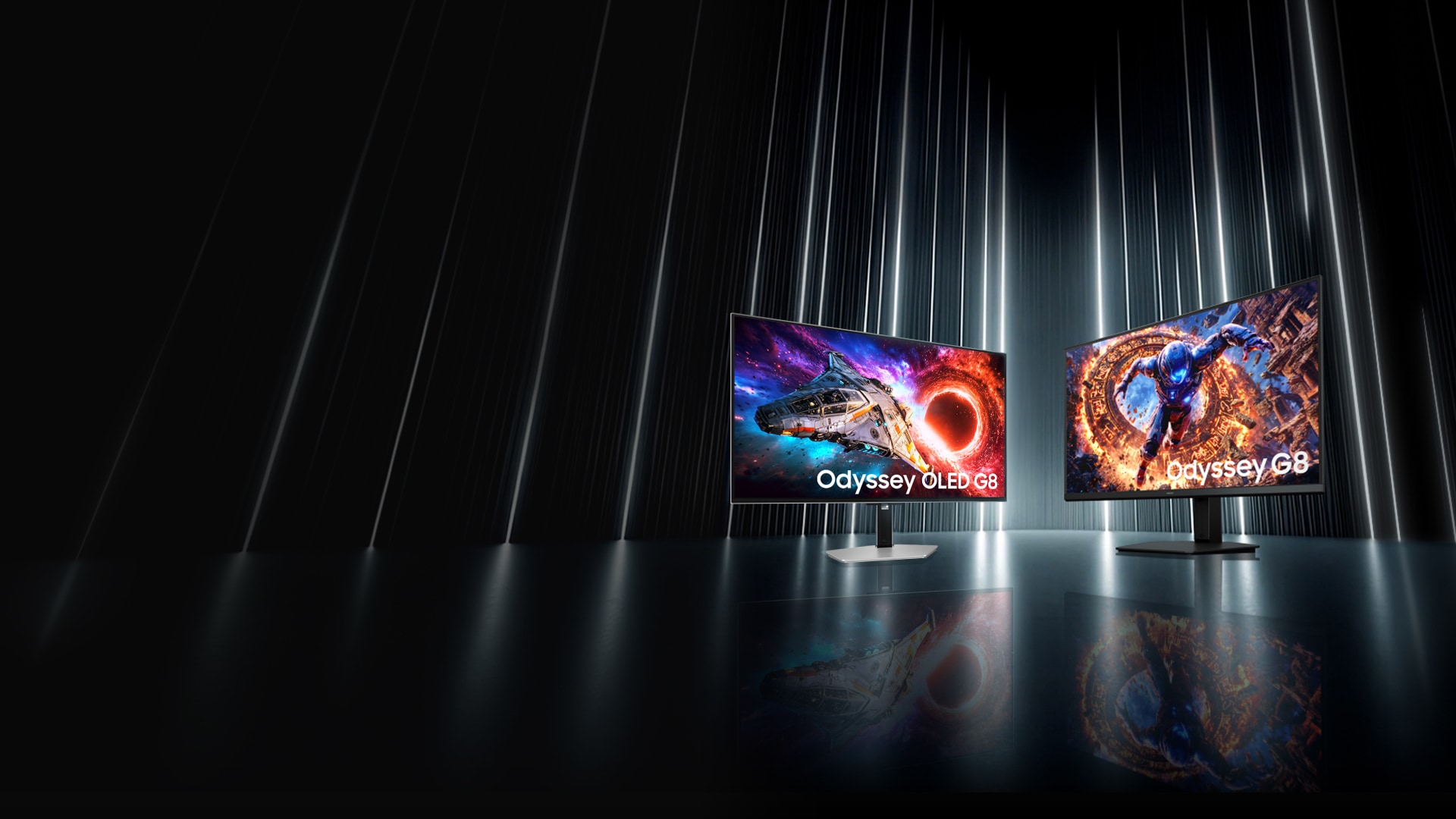 검정색 배경에 흰색 네온선들이 세로로 배경을 채우고 있으며, 중앙에는 2026 오디세이 OLED G8 (G80SH)과 2026 오디세이 G8 6K (G80HS) 제품이 나란히 배치되어 있습니다. 이미지를 클릭하면 모니터 기획전 페이지로 이동합니다.