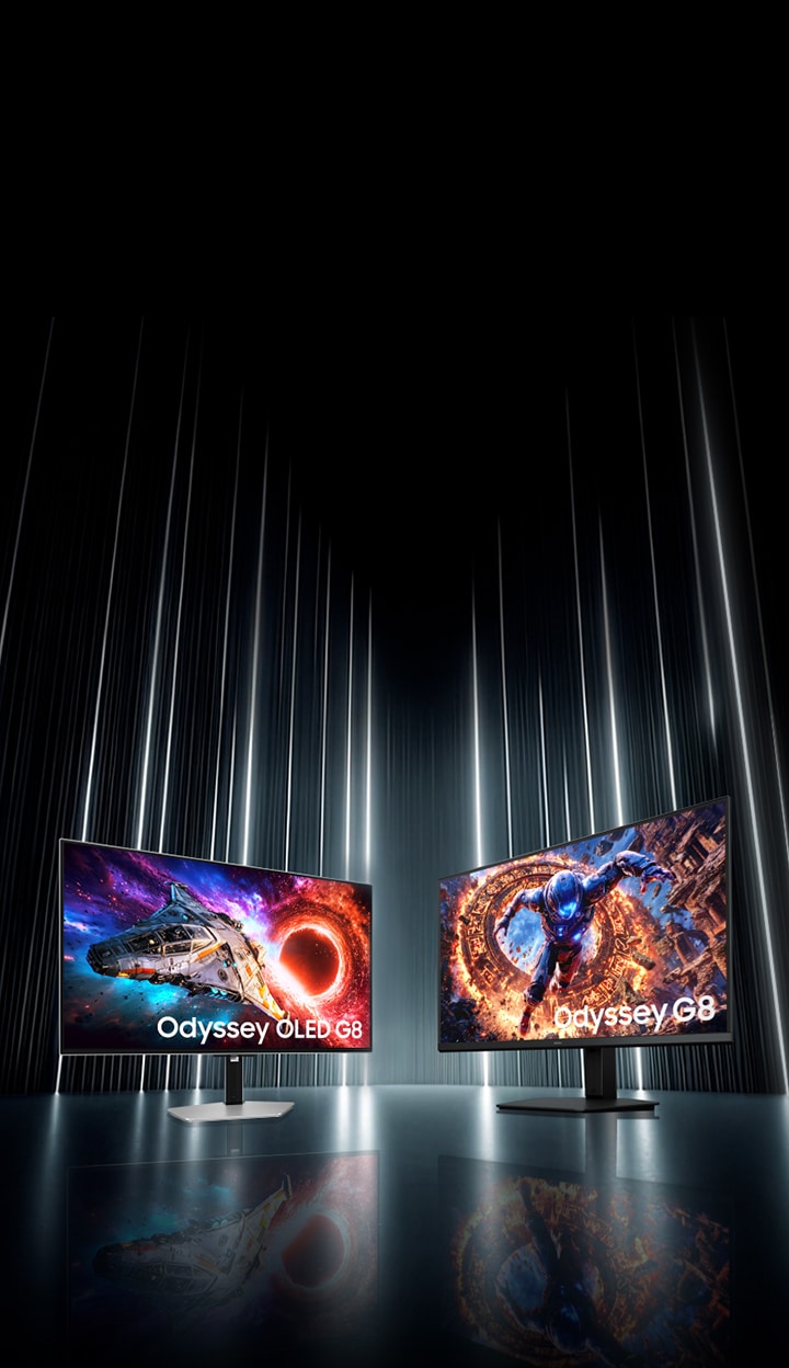 검정색 배경에 흰색 네온선들이 세로로 배경을 채우고 있으며, 중앙에는 2026 오디세이 OLED G8 (G80SH)과 2026 오디세이 G8 6K (G80HS) 제품이 나란히 배치되어 있습니다. 이미지를 클릭하면 모니터 기획전 페이지로 이동합니다.