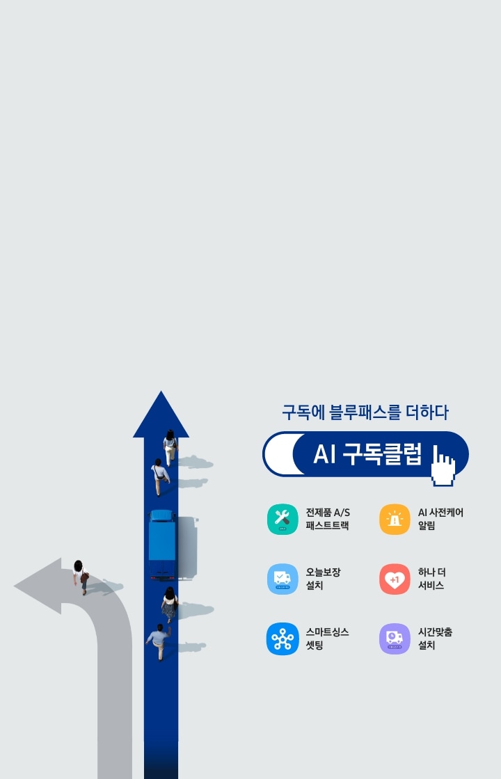 좌회전 화살표와 직진 화살표 위에 사람들이 걸어가고 있다. AI 구독클럽 로고위에 손가락이 올라가 있으며 A/S 아이콘, 알림 아이콘, 설치 아이콘, 하트 아이콘, 스마트싱스 아이콘, 트럭 아이콘이 있다. 이미지를 클릭하면 주방가전 구독 제품 모두 보기 페이지로 이동한다