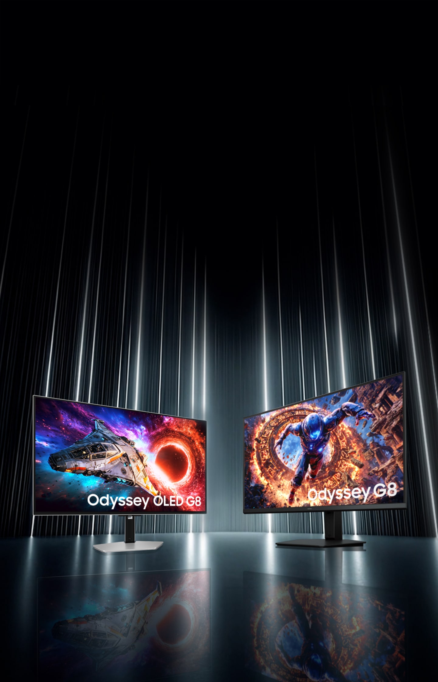 검정색 배경에 흰색 네온선들이 세로로 배경을 채우고 있으며, 중앙에는 2026 오디세이 OLED G8 (G80SH)과 2026 오디세이 G8 6K (G80HS) 제품이 나란히 배치되어 있습니다. 이미지를 클릭하면 모니터 기획전 페이지로 이동합니다.