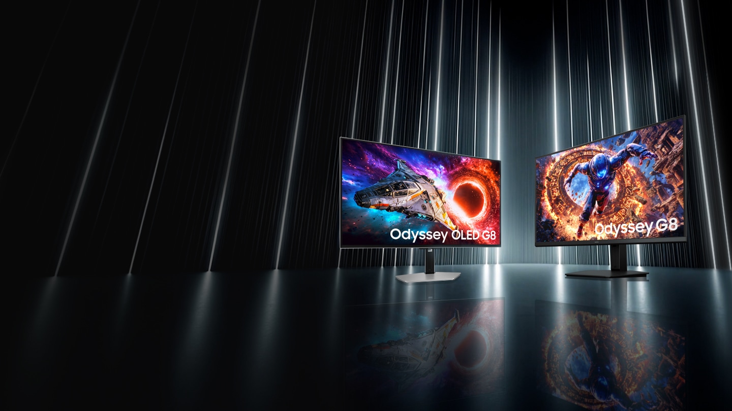 검정색 배경에 흰색 네온선들이 세로로 배경을 채우고 있으며, 중앙에는 2026 오디세이 OLED G8 (G80SH)과 2026 오디세이 G8 6K (G80HS) 제품이 나란히 배치되어 있습니다. 이미지를 클릭하면 모니터 기획전 페이지로 이동합니다.