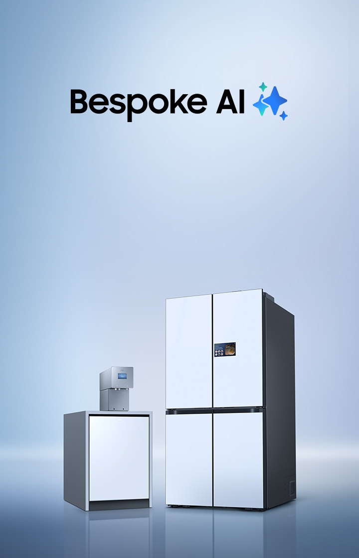 Bespoke AI 식기세척기가 있고 그 위에 Bespoke AI 정수기가 놓여져 있다. 그 옆에는 Bespoke AI 냉장고가 있다. 이미지 클릭 시 Bespoke AI 냉장고 제품 모두 보기 페이지로 이동한다.