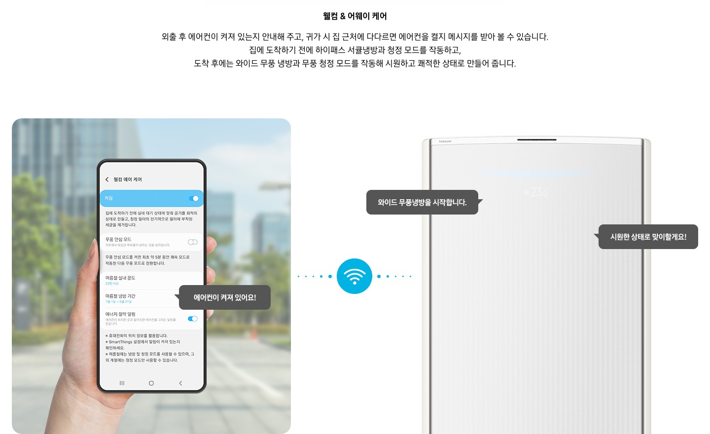 상단부터 타이틀, 서브 타이틀, 설명 글, 이미지가 보여지며 1. 타이틀 온도 • 습도 • 청정까지 알아서 맞춰주는 BESPOKE AI 맞춤 쾌적 2. 서브타이틀 웰컴 & 어웨이 케어 3. 외출 후 에어컨이 켜져 있는지 안내해 주고, 귀가 시 집 근처에 다다르면 에어컨을 켤지 메시지를 받아 볼 수 있습니다. 집에 도착하기 전에 하이패스 서큘냉방과 청정 살균 필터를 작동하고, 도착 후에는 와이드 무풍 냉방과 무풍 청정 살균 필터를 작동해 시원하고 쾌적한 상태로 만들어 줍니다. 설명글이 보여집니다. 하단 이미지 좌측에 외부로 보여지는 배경에 손으로 잡고 있는 디바이스가 보여지며, 디바이스내의 웨컴 에어 케어 화면이 보여 집니다. 우측엔 스탠드 에어컨 상단 부가 보여지며 우측의 모바일 디바이스와 가운데에 와이파이 아이콘이 보여져 밖에서도 와이파이로 연결이 가능하다는것을 표현한것으로 보여집니다.  