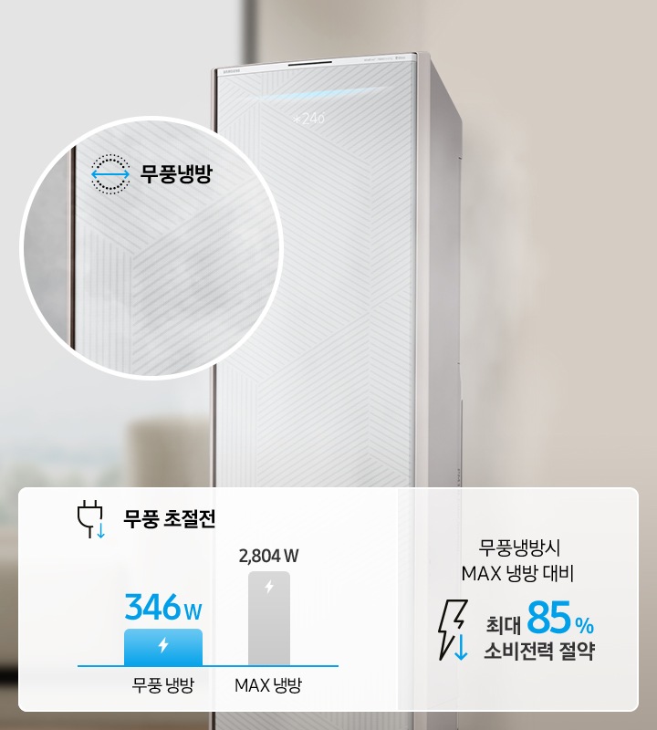 에어컨 정면컷과 무풍냉방시 MAX 냉방 대비 최대 85% 소비전력 절약 표를 보여주고 있습니다. 무풍냉방과 무풍 초절전의 아이콘도 보여집니다.