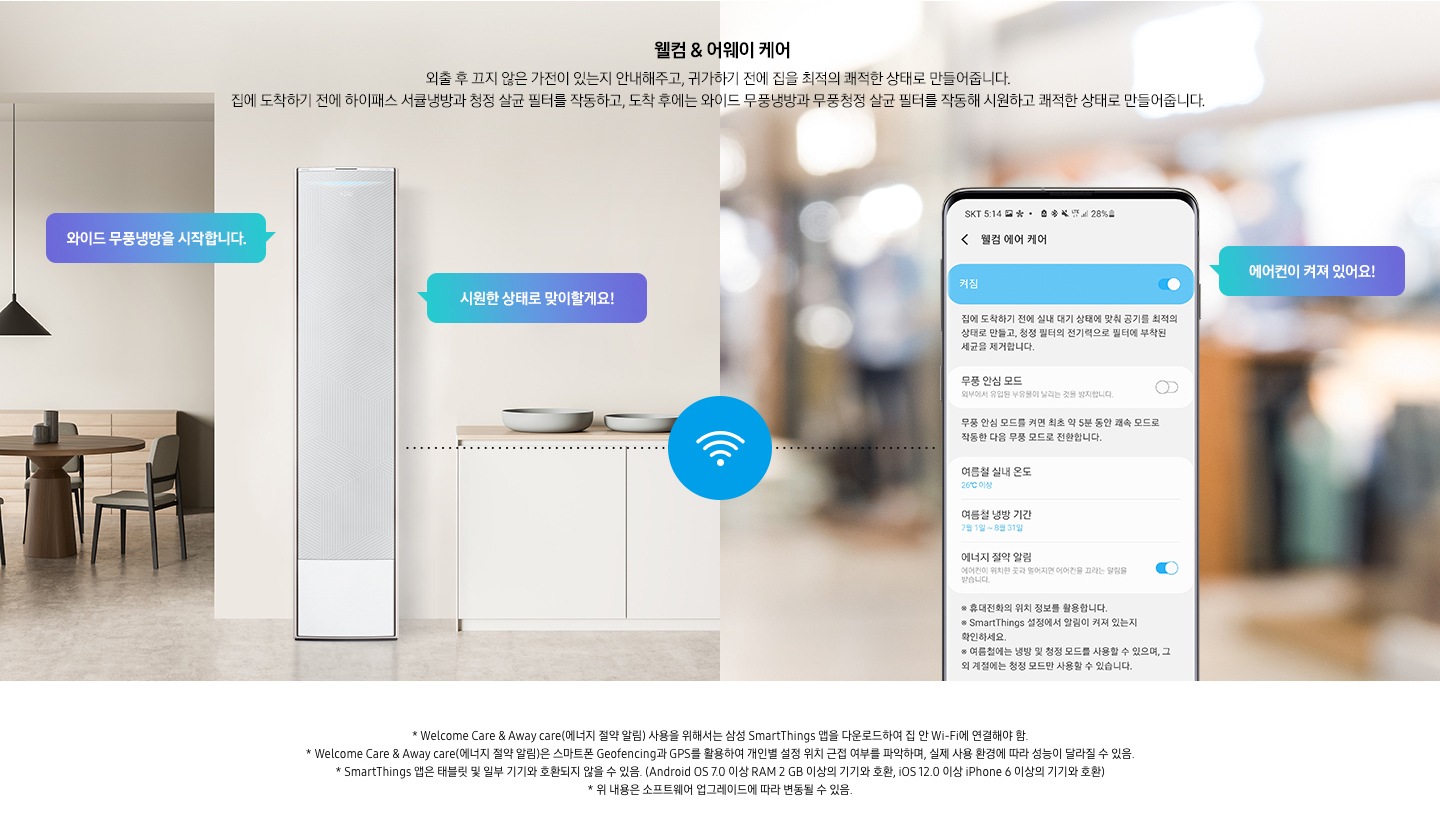 웰컴 & 어웨이 기능에 대해 보여주고 있습니다. 2분할 이미지로 좌측에는 제품컷, 우측에는 디바이스 UI 화면을 보여주고 있습니다.