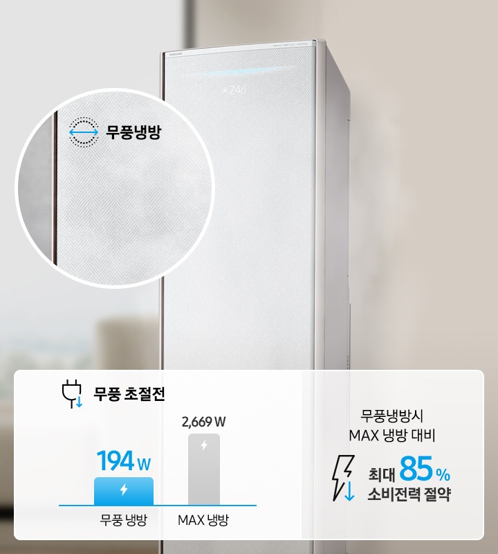 에어컨 정면컷과 무풍냉방시 MAX 냉방 대비 최대 85% 소비전력 절약 표를 보여주고 있습니다. 무풍냉방과 무풍 초절전의 아이콘도 보여집니다.