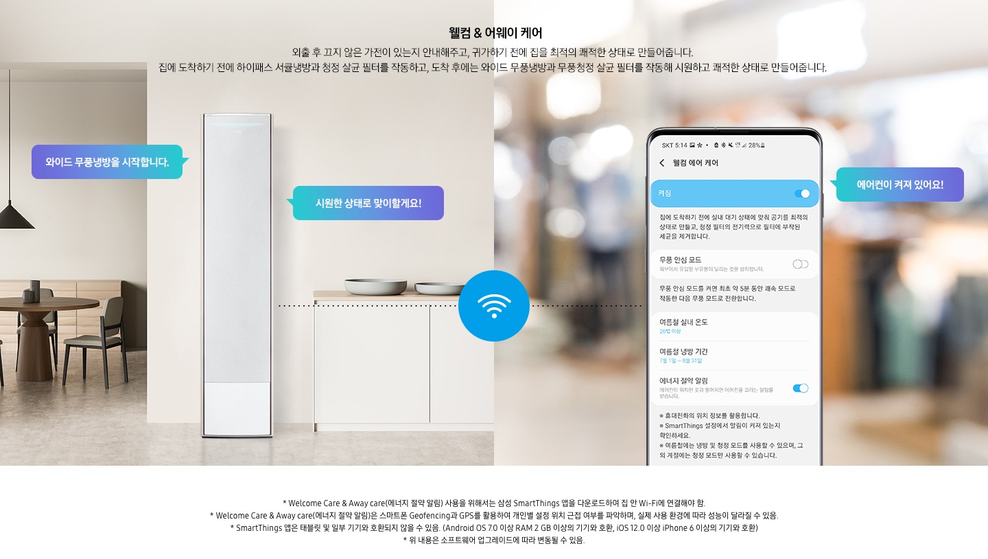 웰컴 & 어웨이 기능에 대해 보여주고 있습니다. 2분할 이미지로 좌측에는 제품컷, 우측에는 디바이스 UI 화면을 보여주고 있습니다.