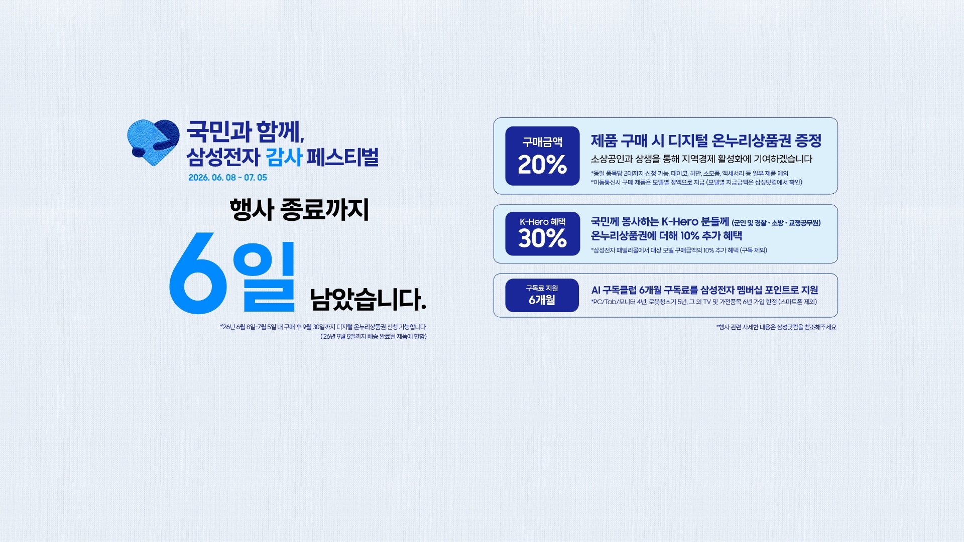 좌측에는 삼성전자 감사페스티벌로고와 2026.06.08~07.05, 행사 종료까지 6일 남았습니다 문구가 있습니다. 제품 구매시 구매 금액의 20% 디지털 온누리상품권 증정, 국민께 봉사하는 K-Hero분들께는 온누리상품권에 더해 최대10% 추가할인, AI구독클럽 6개월 구독료를 삼성전자 멤버십 포인트로 지원합니다.이미지 클릭시 구매하기 페이지로 이동합니다