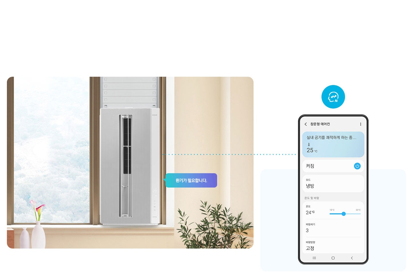 1 ) AI 쾌적 -배경 외쪽 창문에 전원이 켜져있는 윈도우핏 에어컨 설치 되어 있고 에어컨 에서 오른쪽에 말풍선으로 환기가 필요합니다 라고 쓰여있습니다 우측엔 휴대폰 이 있고 화면에는 창문형 에어컨 상세 설정 상태가 보여집니다.