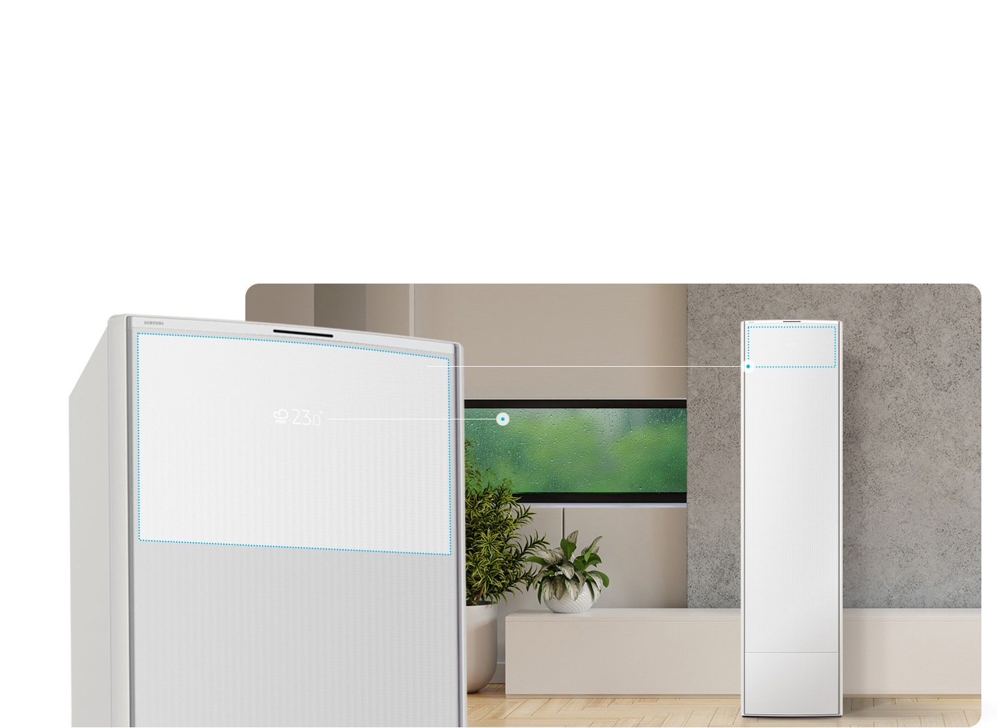 움직이지 않고 편하게, AI 집사가 알아서 관리하는 Bixby Care 타이틀이 보여지며, Always on Display 서브 타이틀, AOD 기능이 적용되어 에어컨이 꺼진 상태에서도 실내 온도, 습도, 청정도, 날씨, 외부 온도의 모니터링이 가능합니다. 설명글이 보여지며, 이미지 좌측엔 AOD 가 보여지게 에어컨 상단부가 크게 보여지며, 화면에 에어컨이 작동중이 아니여도 화면에 실내 온도, 습도, 청정도, 날씨, 외부 온도가 보여지는 모습이 보여집니다.  우측엔 거실로 보여지는 공간에 창밖에는 비가 오는것이 보여지고 우측엔 스탠드 에어컨이 보여집니다. 하단 설명글로 * AOD (Always on Display): 에어컨이 종료된 상태에서도 실내 온도, 청정도, 외부 온도 등을 Display를 통해 확인 가능한 기능입니다   보여집니다.