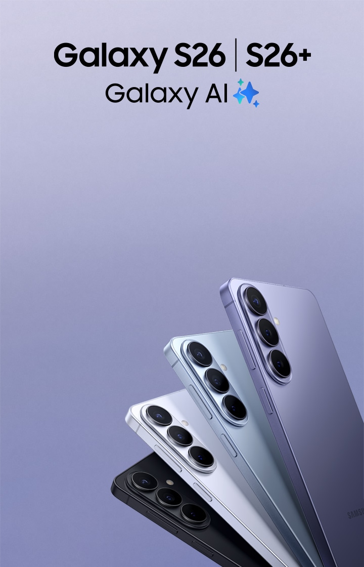 4개의 갤럭시 S26과 S26+가 사선으로 겹쳐져 좌측 중앙 배치되어 있고, Galaxy S26 | S26+ 제품명과 Galaxy AI 사별 로고가 제품 우측에 보인다. 이미지를 클릭하면 갤럭시 S26 | S26+ 구매 페이지로 이동한다.