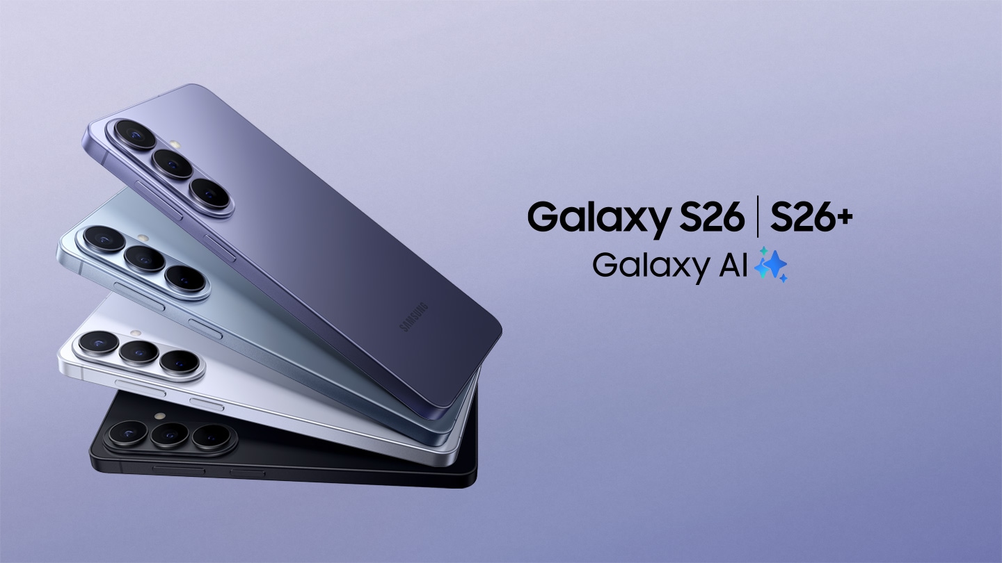 4개의 갤럭시 S26과 S26+가 사선으로 겹쳐져 좌측 중앙 배치되어 있고, Galaxy S26 | S26+ 제품명과 Galaxy AI 사별 로고가 제품 우측에 보인다. 이미지를 클릭하면 갤럭시 S26 | S26+ 구매 페이지로 이동한다.
