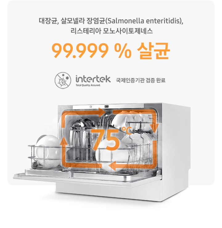 대장균, 살로넬라 장염균(Salmonella enteritidis), 리스테리아 모노사이토제네스. 99.999 % 살균. 인터텍 로고. 국제인증기관 검증 완료. 식기 세척 도어가 열려있고 내상에 식기 포함, 75℃ 고온 수증기가 회전되고 있는 인포그래픽이 그려진 연출된 이미지 입니다.