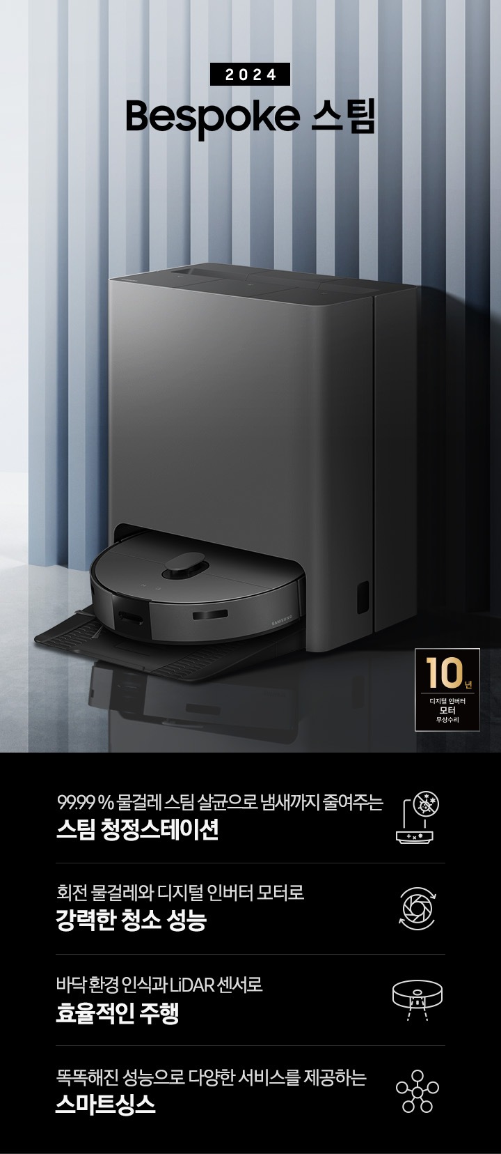 중앙 좌측에 2024 Bespoke 스팀 문구가 나와있는 연출 인테리어컷 입니다. 이미지우측 푸른색 템바보드 벽 앞에 Bespoke 스팀 제품이 설치되어 있습니다. 인테리어컷 하단에는 4POD가 나와있습니다. 좌측부터 99.99% 물걸레 스팀 살균으로 냄새까지 줄여주는 스팀 청정스테이션 문구와 스팀 아이콘+세균 금지 아이콘, 회전 물걸레와 디지털 인버터 모터로 강력한 청소 성능 문구와 모터가 회전하는 아이콘, 바닥 환경 인식과 LiDAR 센서로 효율적인 주행 문구와 스팀이 사물을 인식하는 아이콘, 똑똑해진 성능에 다양한 서비스를 제공하는 스마트싱스 문구와 스마트싱스 아이콘이 나와있습니다.