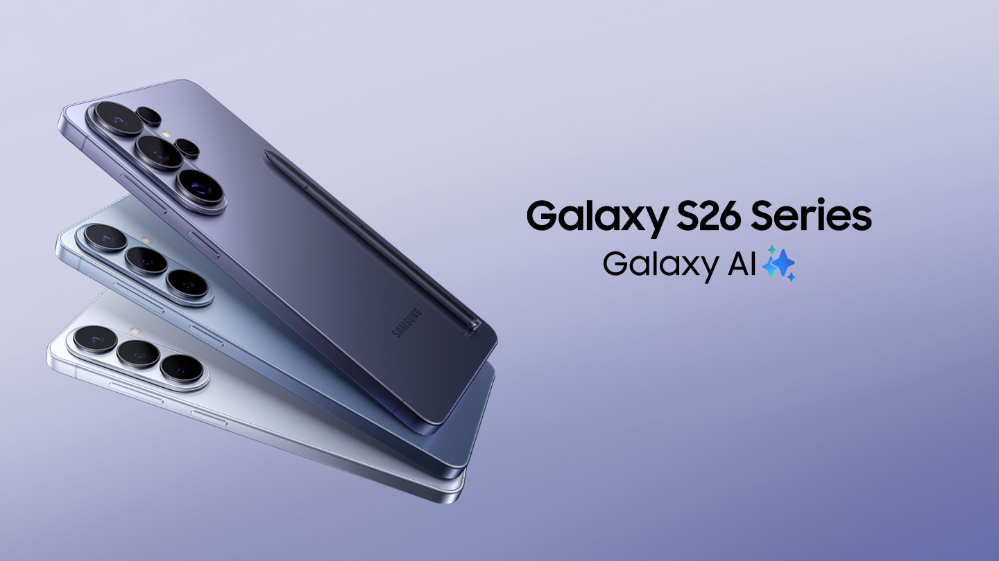 갤럭시 시리즈 제품이 사선으로 겹쳐져 좌측 중앙 배치되어 있고, Galaxy S26 Series 제품명과 Galaxy AI 사별 로고가 제품 우측에 보인다. 이미지를 클릭하면 갤럭시 S26 울트라 구매 페이지로 이동한다.