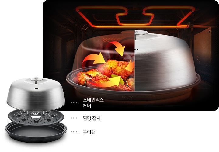 프로 스티머의 커버가 조리 중인 음식의 수분 증발을 막아주는 연출된 모습입니다. 스팀 쿠커는 스테인리스 커버-찜망 접시-구이팬으로 구성되어 있습니다.