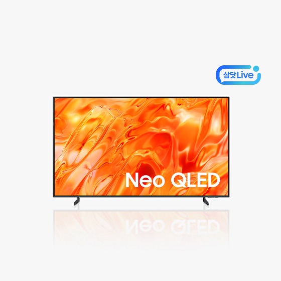 주황색 배경화면을 띄운 Neo QLED 모델의 TV 정면 이미지&nbsp;+ 우측 삼닷 Live 로고