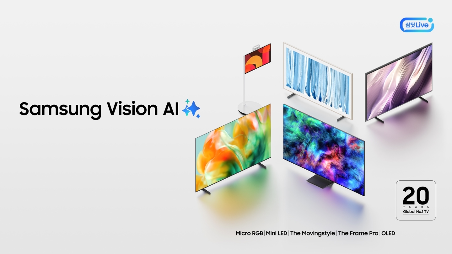 지그재그로 배치된 삼성 TV 5종(Micro RGB, Mini LED, The Movingstyle, The Frame Pro, OLED). 화면에는 각기 다른 추상적 디자인이 띄워져 있으며, Samsung Vision AI 로고와 20년 연속 세계 판매 1위 로고가 함께 노출되고 있다.  이미지를 클릭 하면 삼닷 Live 페이지로 이동한다.&nbsp;+우측 상단 삼닷 Live 로고	
