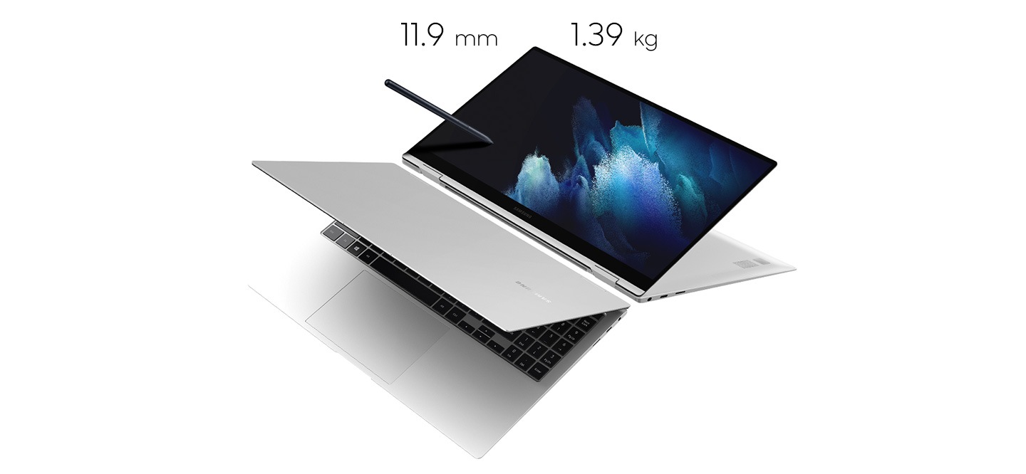 실제 펜처럼 편한 그립감의 S펜과 360도 회전 힌지를 활용하여 작업을 더 효율적으로 해보세요. 11.9 mm의 얇은 두께와 1.39 Kg의 가벼운 무게로 뛰어난 휴대성을 자랑할 뿐만 아니라 미군사 표준규격(MIL-STD-810G) 내구성 테스트도 통과하여 강력한 내구성도 보여줍니다.