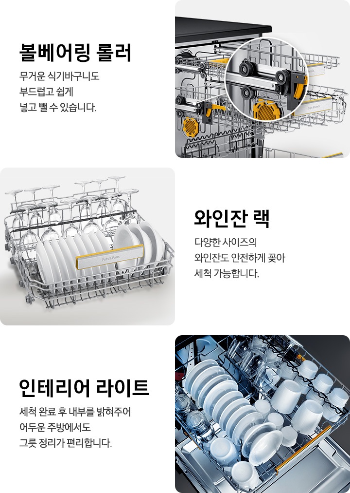 볼베어링 롤러, 와인잔 랙, 인테리어 라이트 부분을 확대하여 보여주고 있습니다.