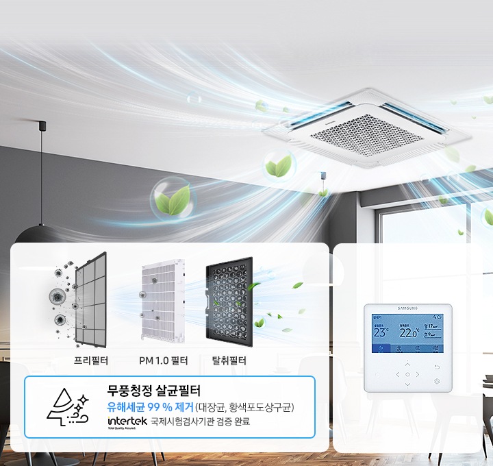 제품이 천장에 설치되어 있고 프리필터 음이온 PM1.0필터 탈취필터 SPI KIT 순서로 공기청되는 모습을 보여주고 있습니다.