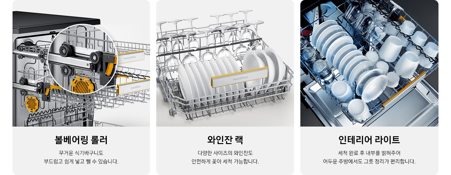 볼베어링 롤러, 와인잔 랙, 인테리어 라이트 부분을 확대하여 보여주고 있습니다.