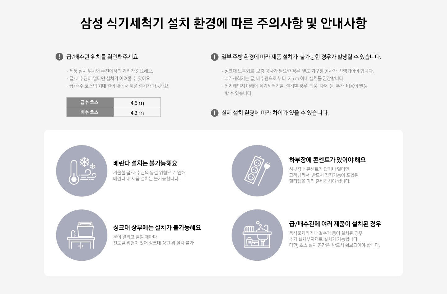 삼성 식기세척기 설치 환경에 따른 주의사항 및 안내사항이 쓰여져 있습니다.