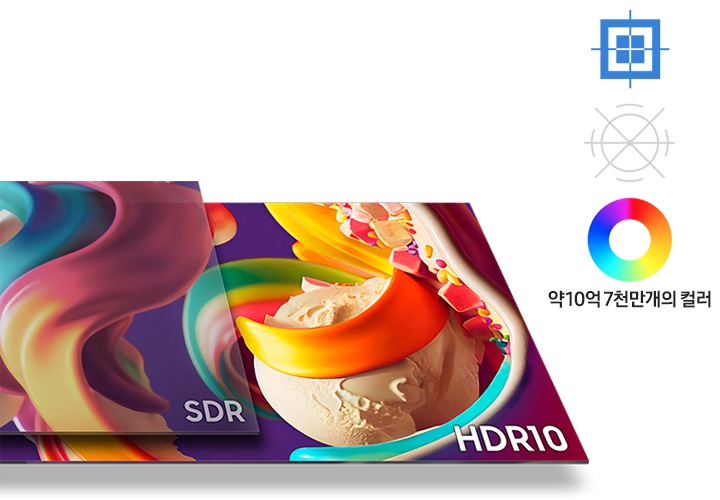 HDR 10을 적용한 모니터와 SDR이 적용된 모니터의 차이를 보여주고 있습니다. 모니터 화면에는 다양한 컬러를 표현한 추상적인 이미지가 보입니다. 