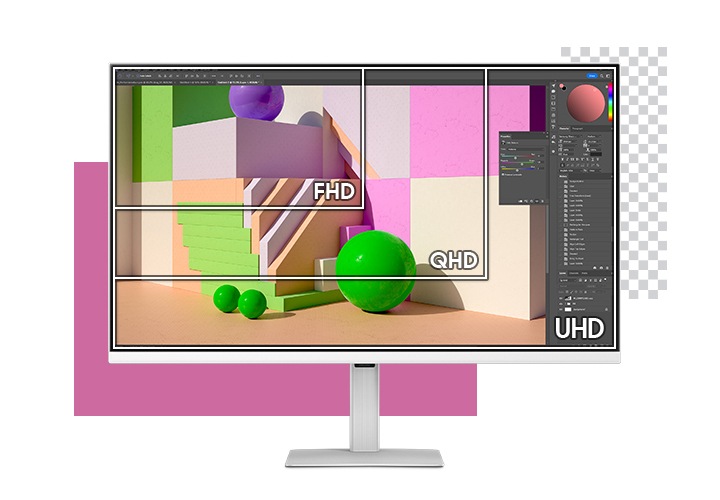 UHD / QHD / FHD 해상도 사이즈를 비교하여 보여주고 있습니다. 모니터 화면에는 포토샵 작업이미지를 보여주고 있습니다. 