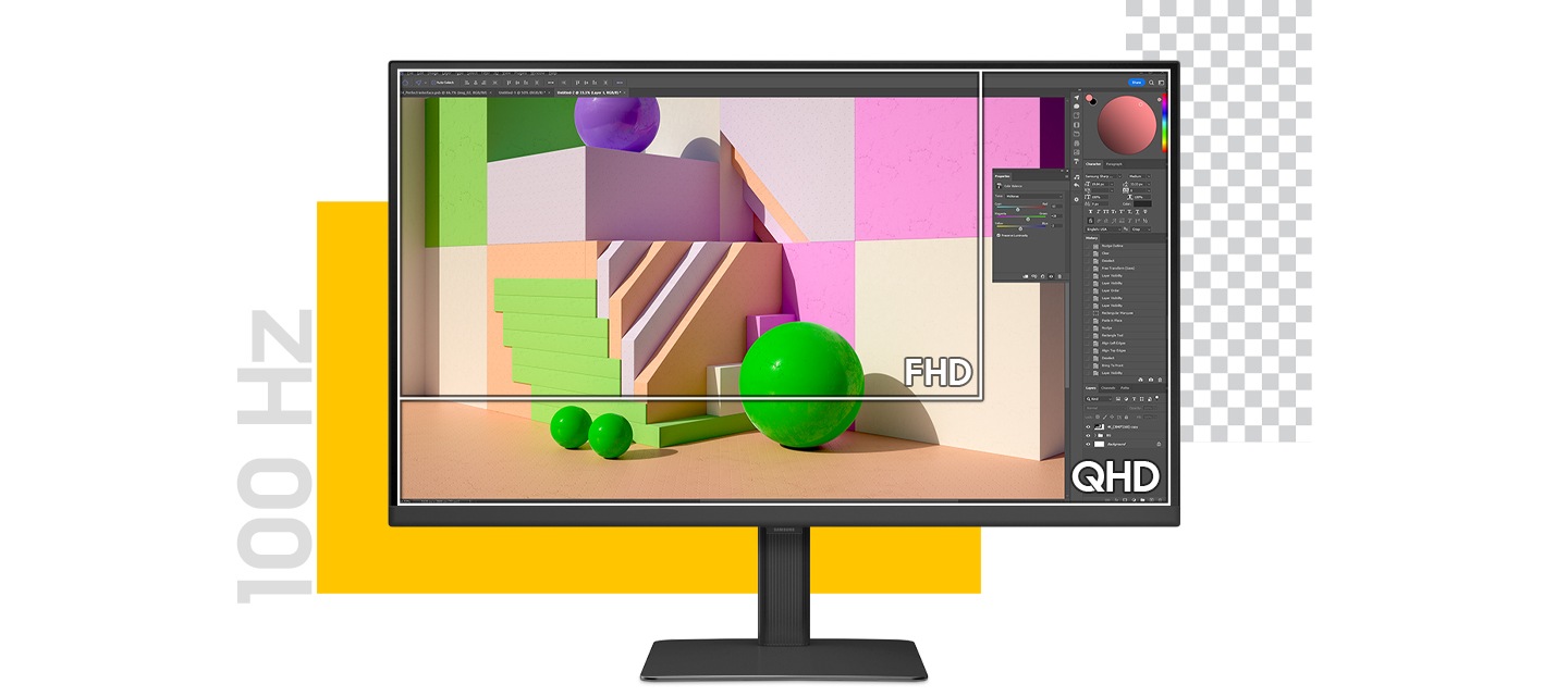 QHD / FHD해상도를 비교한 모습을 보여주고 있습니다. 화면 왼쪽에는 100 Hz 글자가 보입니다. 모니터 화면에는 포토샵을 이용하여 디자인 작업중인 모습을 보여주고 있습니다. 