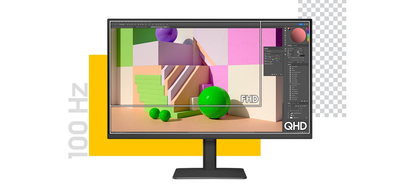 QHD / FHD해상도를 비교한 모습을 보여주고 있습니다. 화면 왼쪽에는 100 Hz 글자가 보입니다. 모니터 화면에는 포토샵을 이용하여 디자인 작업중인 모습을 보여주고 있습니다. 