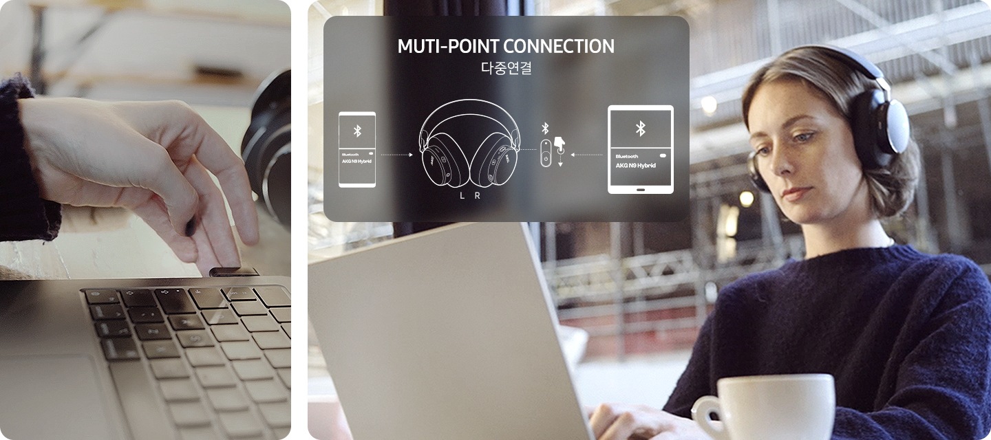 왼 : 노트북에 동글을 꽂고 있습니다. 오 : 헤드폰을 착용한 여성이 노트북을 하고 있습니다. 왼쪽 상단에는 다중연결 방법이 간략하게 설명되어 있습니다.