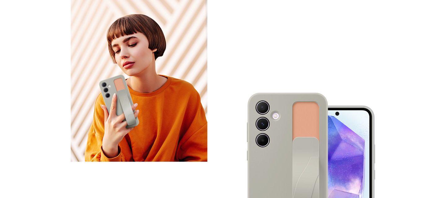 이미지 왼쪽 부분에는 한 여성이 그레이 컬러의 스탠딩 그립 케이스를 씌운 갤럭시 기기를 스트랩을 사용하여 한 손에 들고 셀카를 찍고 있습니다. 이미지 오른쪽에는 그레이 컬러의 스탠딩 그립 케이스를 씌운 기기 2대가 각각 뒷면, 앞면이 정면을 향하도록 나열되어 있습니다.