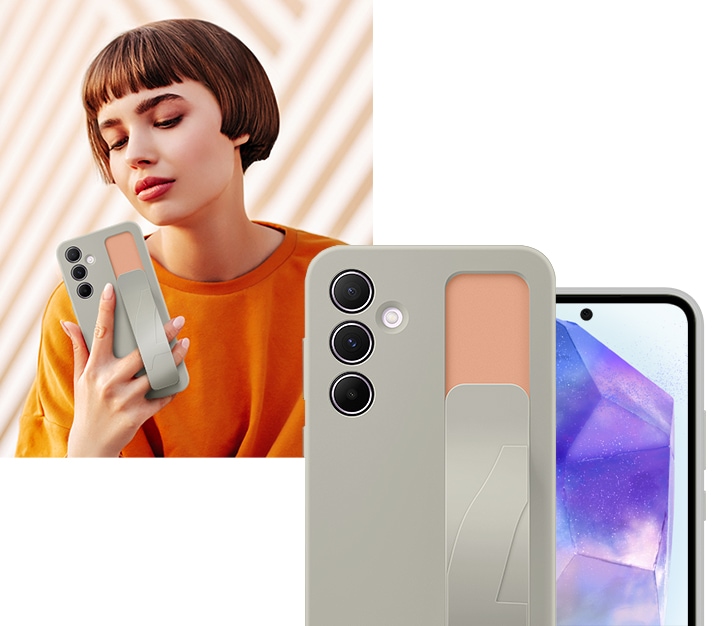 이미지 왼쪽 부분에는 한 여성이 그레이 컬러의 스탠딩 그립 케이스를 씌운 갤럭시 기기를 스트랩을 사용하여 한 손에 들고 셀카를 찍고 있습니다. 이미지 오른쪽에는 그레이 컬러의 스탠딩 그립 케이스를 씌운 기기 2대가 각각 뒷면, 앞면이 정면을 향하도록 나열되어 있습니다.