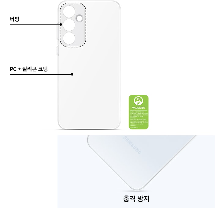 클리어 케이스의 영역별 설명이 쓰여 있습니다. 카메라 영역은 ＇버핑', 나머지 영역은 'PC + 실리콘 코팅'이 쓰여 있으며 오른쪽에 클리어 케이스를 씌운 갤럭시 기기의 한쪽 모서리가 바닥으로 떨어지는 모습을 클로즈업하여 충격 방지를 전달하고 있습니다. 왼쪽 하단에는 UL 인증 로고와 다음과 같은 문구가 있습니다. ASTM D6866-20에 따라 테스트 결과 클리어 케이스에는 최소 0.3 % 이상의, 케이스의 사이드 키에는 최소 34 % 이상의 바이오 소재가 포함되어 있습니다.