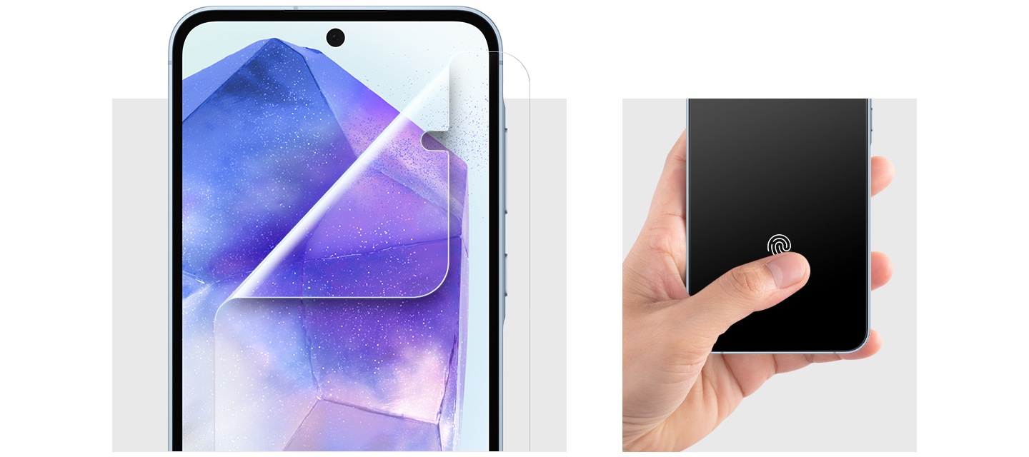 다면체의 크리스탈 사진이 띄워진 갤럭시 기기에 스크린 프로텍터가 부착되고 있습니다. 오른쪽에는 스크린 프로텍터가 부착된 스마트폰의 지문 센서에 엄지손가락을 터치하고 있는 모습입니다. 