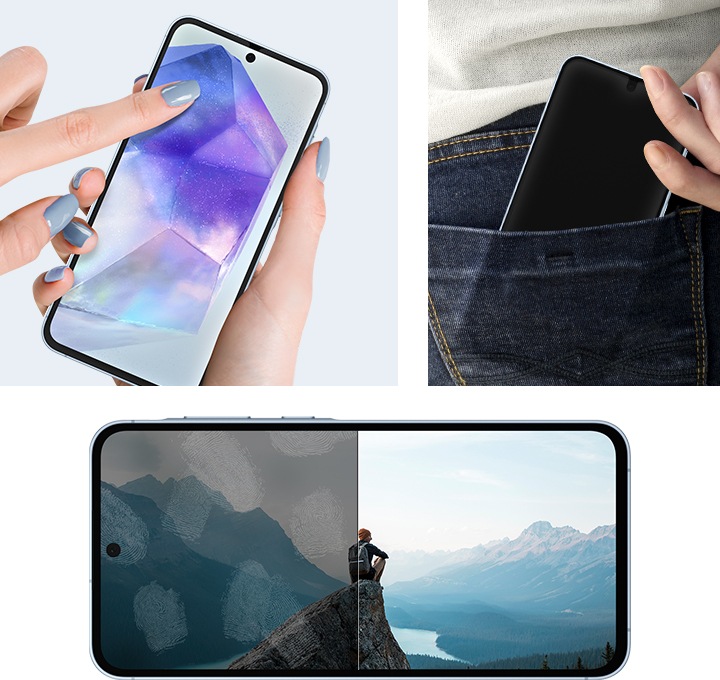 다면체의 크리스탈 사진이 띄워진 갤럭시 기기의 화면을 손가락으로 터치하고 있습니다. 오른쪽에는 청바지 뒷주머니에 기기를 넣고 있는 모습입니다. 아래에는 산꼭대기에 앉아 경치를 즐기고 있는 남성의 사진이 띄워져 있는 갤럭시 화면이 있습니다. 스크린 프로텍터를 사용하지 않아 지문으로 얼룩져 있는 부분과 스크린 프로텍터를 사용하여 밝고 선명하게 유지되는 부분이 반반으로 나뉘어 대비되고 있습니다. 