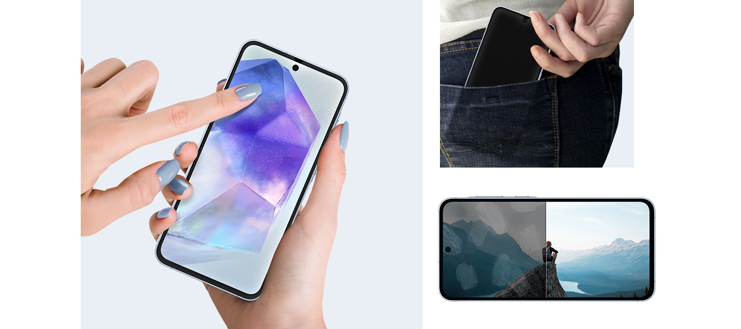 다면체의 크리스탈 사진이 띄워진 갤럭시 기기의 화면을 손가락으로 터치하고 있습니다. 오른쪽에는 청바지 뒷주머니에 기기를 넣고 있는 모습입니다. 아래에는 산꼭대기에 앉아 경치를 즐기고 있는 남성의 사진이 띄워져 있는 갤럭시 화면이 있습니다. 스크린 프로텍터를 사용하지 않아 지문으로 얼룩져 있는 부분과 스크린 프로텍터를 사용하여 밝고 선명하게 유지되는 부분이 반반으로 나뉘어 대비되고 있습니다. 