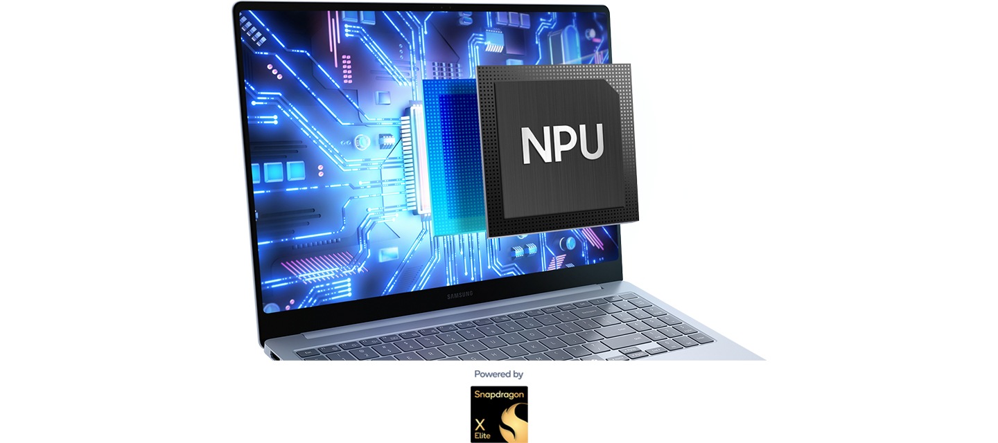화면에 칩셋 회로를 표시한 갤럭시 북4 Edge가 오른쪽으로 비스듬히 놓여 있습니다. 화면에서 NPU가 튀어나오고 있습니다. 아래에는 스냅드래곤® X Elite 프로세서 로고가 있습니다.