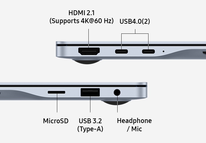 사파이어 블루 색상의 갤럭시 북4 Edge 2대가 각각 왼쪽과 오른쪽에 배치되어 옆면의 포트 레이아웃을 드러내고 있습니다. 오른쪽 기기 포트에는 HDMI 2.1(4K@60 Hz 지원), USB4.0(2), 왼쪽 아래 기기 포트에는 Micro SD, USB 3.2 TYPE-A, 헤드폰/마이크 라벨이 각각의 위치에 있습니다.
