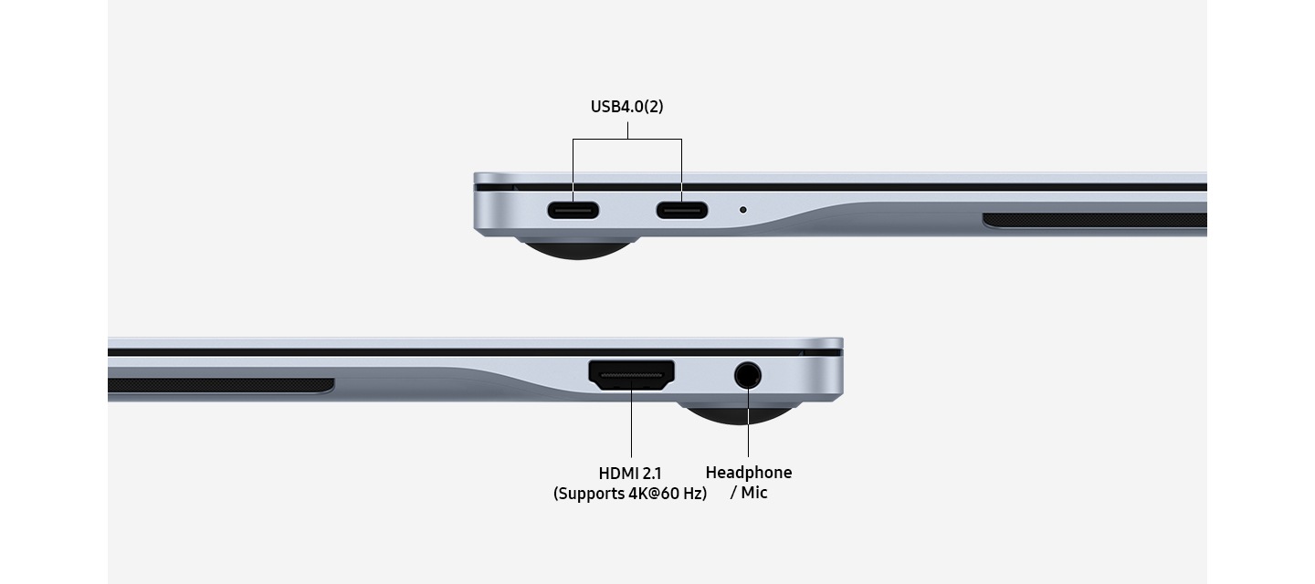 사파이어 블루 색상의 갤럭시 북4 Edge 2대가 각각 왼쪽과 오른쪽에 배치되어 옆면의 포트 레이아웃을 드러내고 있습니다. 오른쪽 기기 포트에는 USB4.0(2), 왼쪽 아래 기기 포트에는 HDMI 2.1(4K@60 Hz 지원), 헤드폰/마이크 라벨이 각각의 위치에 있습니다.