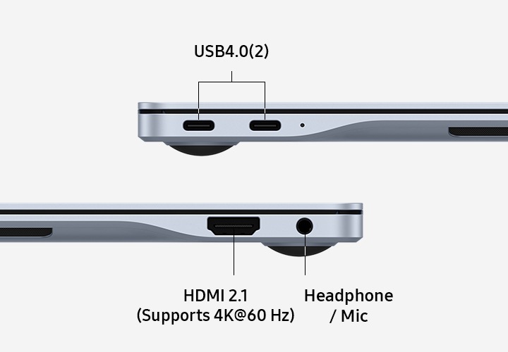사파이어 블루 색상의 갤럭시 북4 Edge 2대가 각각 왼쪽과 오른쪽에 배치되어 옆면의 포트 레이아웃을 드러내고 있습니다. 오른쪽 기기 포트에는 USB4.0(2), 왼쪽 아래 기기 포트에는 HDMI 2.1(4K@60 Hz 지원), 헤드폰/마이크 라벨이 각각의 위치에 있습니다.