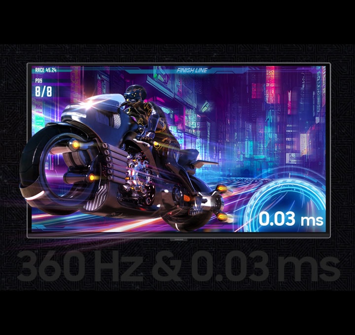 360 Hz 주사율과 0.03 ms 응답 속도를 나타내는 이미지를 보여주고 있습니다. 밤거리를 질주중인 바이크를 탄 운전자의 모습을 표현하고 있습니다. 하단에는 360 Hz & 0.03 ms 로고가 보입니다.