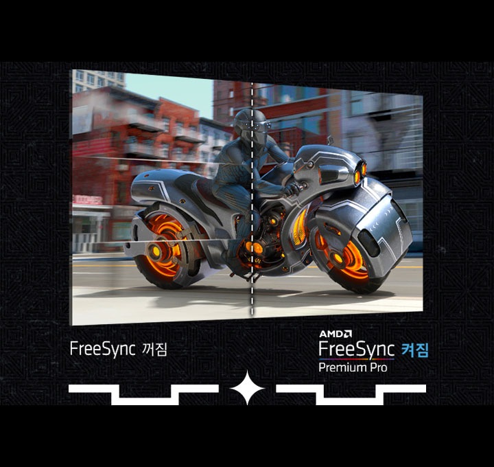 AMD FreeSync Premium Pro가 적용된 모니터와 미적용된 모니터를 비교하여 보여주고 있습니다. 화면을 반으로 나누어 고속질주중인 바이크의 모습을 표현하고 있습니다. 