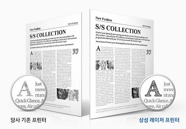 하얀색 배경에 영어가 프린터된 종이에 글씨 부분을 확대하여 왼쪽 하단 부분에는 당사 기존 프린터의 출력물을 오른쪽 하단에는 삼성 레이저 프린터의 출력물 해상도를 확대하여 보여주고 있습니다.