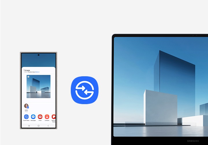 갤럭시 S24 Ultra 화면에서 선택한 추상적인 이미지가 퀵 쉐어를 통해 갤럭시 북4 Edge로 공유됩니다. Samsung Studio 앱에서 편집할 수 있도록 이미지가 열립니다. 퀵 쉐어 아이콘이 나타납니다.
