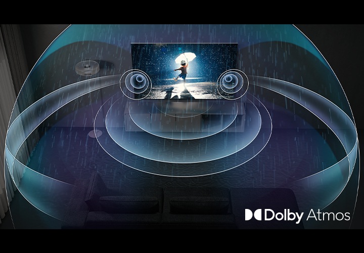 벽걸이 TV가 설치되어 있고, TV에서 나오는 음파들이 합성되어 있습니다. 우측 하단에는 돌비 앳모스 아이콘이 합성되어 있습니다.